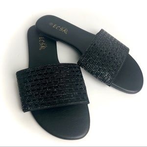 Ecsa Black Jeweled Bling Sandal Slides NWOT